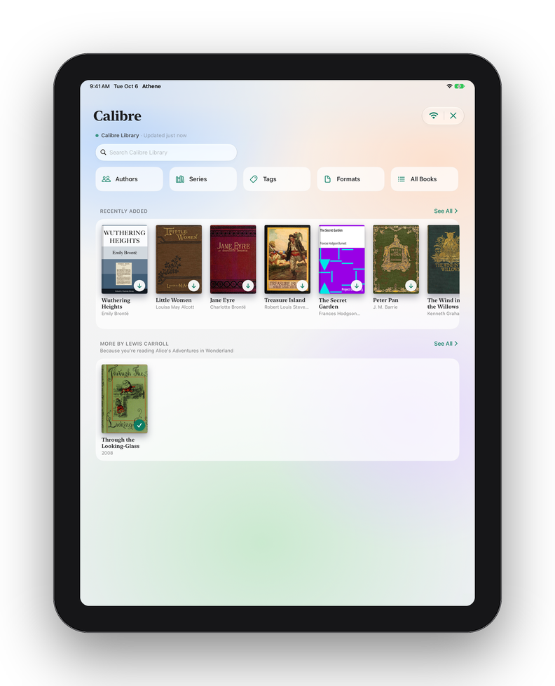The calibre screen on iPad: Recently Added and More by Lewis Carroll