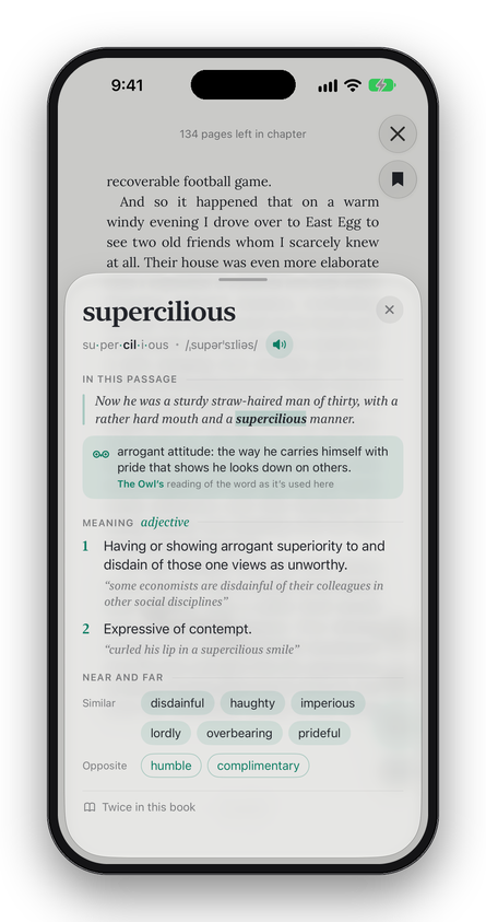 The dictionary card for “supercilious”: how to say it, what it means here, and words near and far