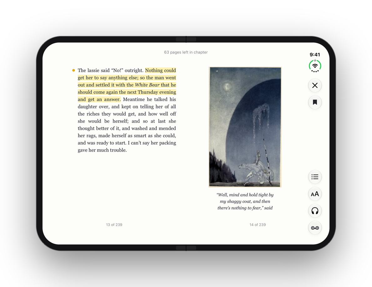 iPhone Duo open like a book: two facing pages of East of the Sun and West of the Moon, the reader’s buttons in a strip at the side