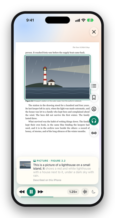 Listen reading a PDF aloud, and describing the picture of a lighthouse as it reaches it