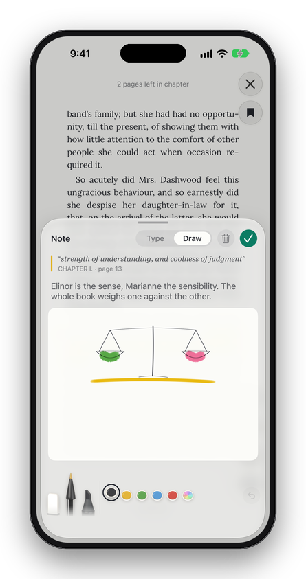A note switched to Draw, a pair of scales sketched beside the passage