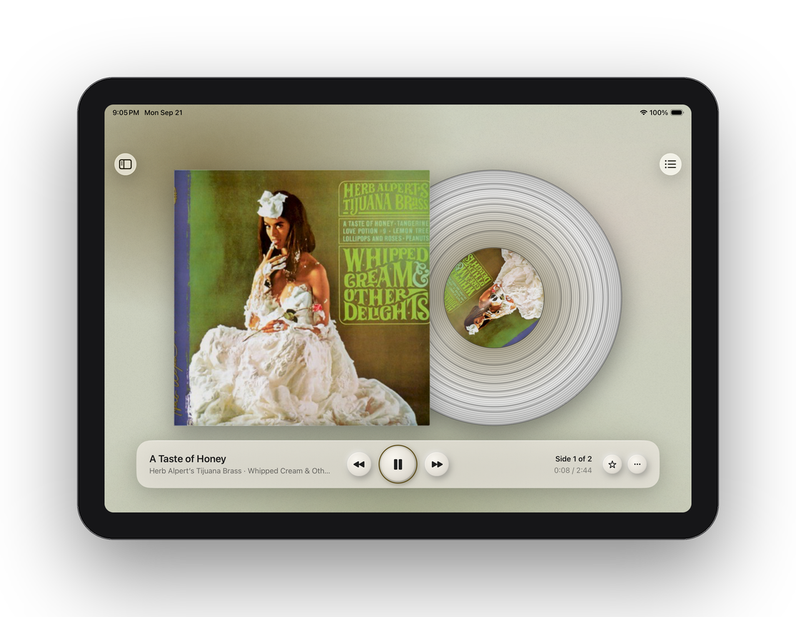 Mynah on iPad, the record half out of its sleeve