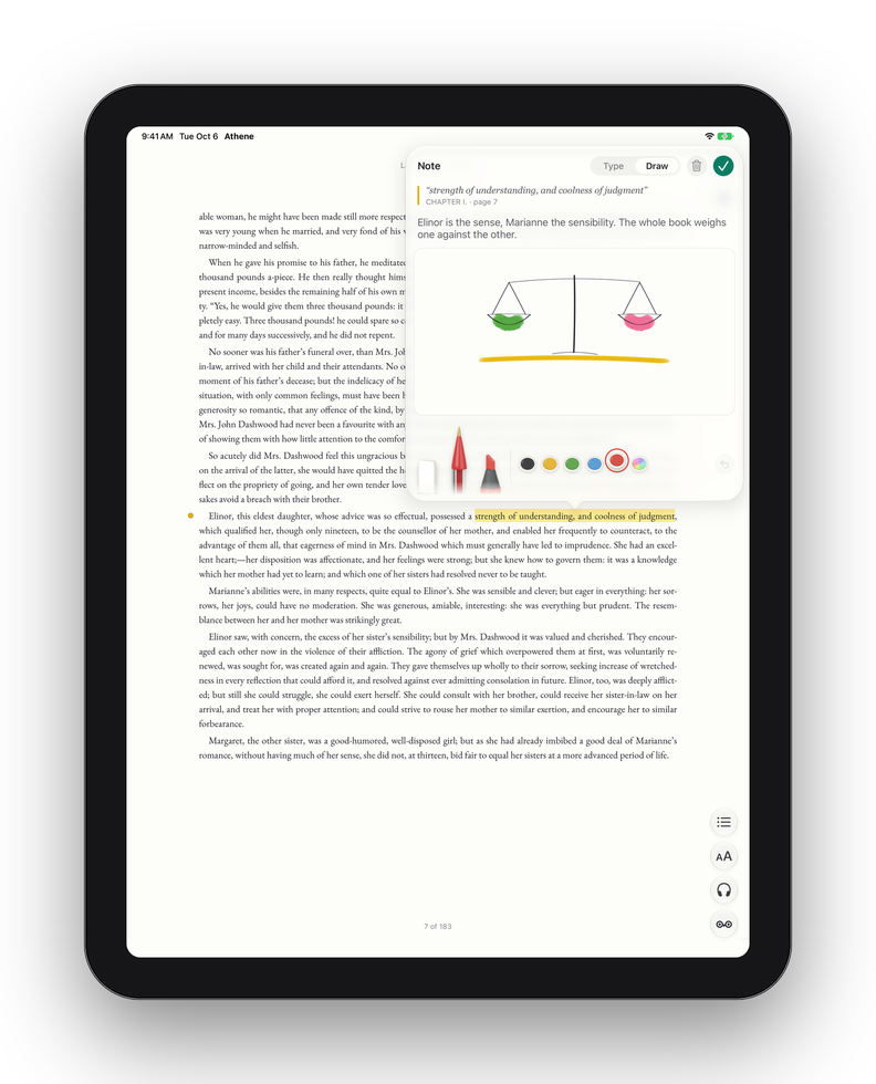 A note open on iPad beside its passage in Sense and Sensibility, a pair of scales drawn in it