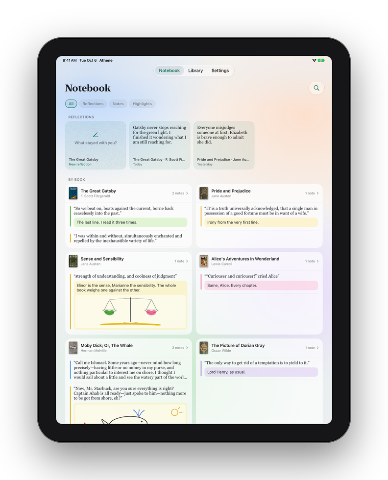 The Notebook on iPad: reflections in a row, then each book’s card in two columns
