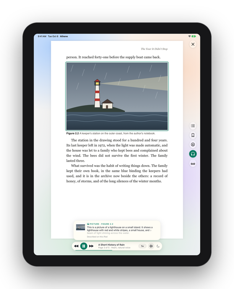 A PDF on iPad, its buttons down the right edge, with Listen describing a picture of a lighthouse