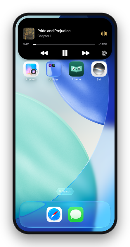 The Dynamic Island on the Home Screen, showing Pride and Prejudice, Chapter I, with pause and skip buttons