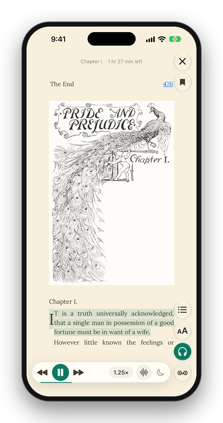 Pride and Prejudice open on iPhone: ✕ and the bookmark at the top right, Contents, Aa, Listen and the Owl down the right edge, and Listen’s player at the foot