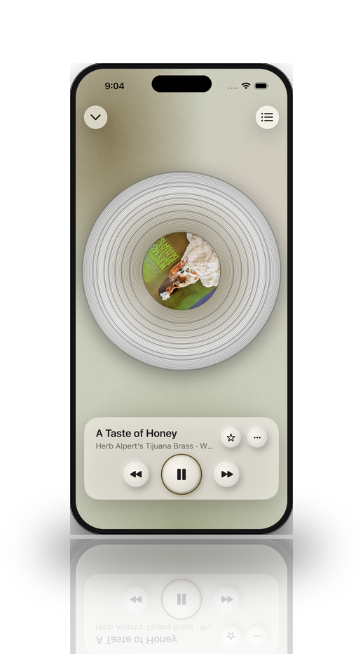 Mynah on iPhone: a record on the deck, the tonearm on the groove
