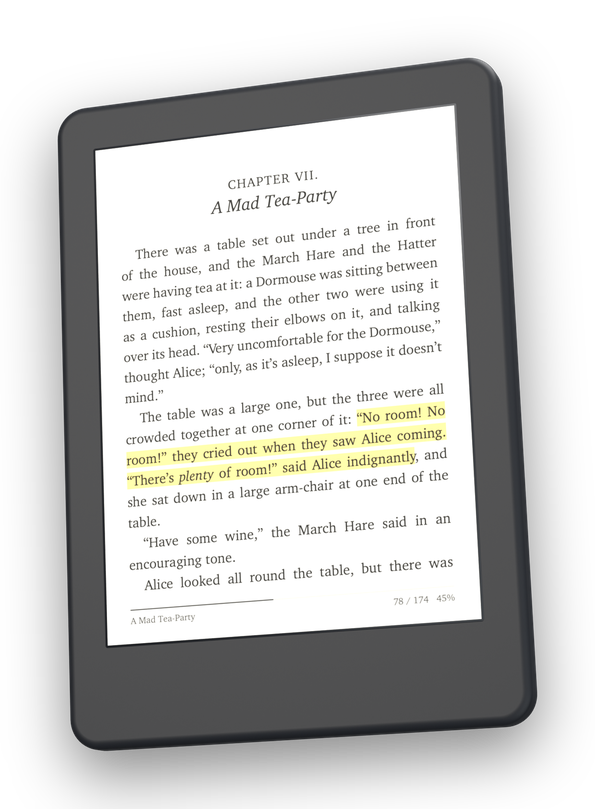An e-reader open at A Mad Tea-Party, with the same passage highlighted as in Athene